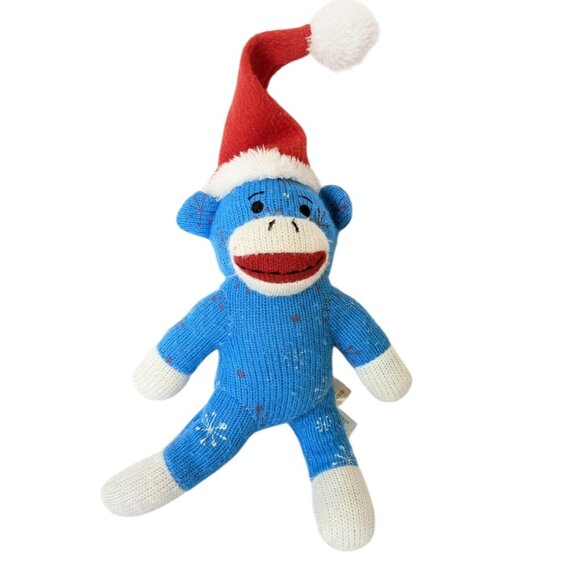 Dan Dee 8 Inch Blue Knit Sock Monkey Plush With Snowflakes & Santa Hat Christmas - Picture 1 of 8